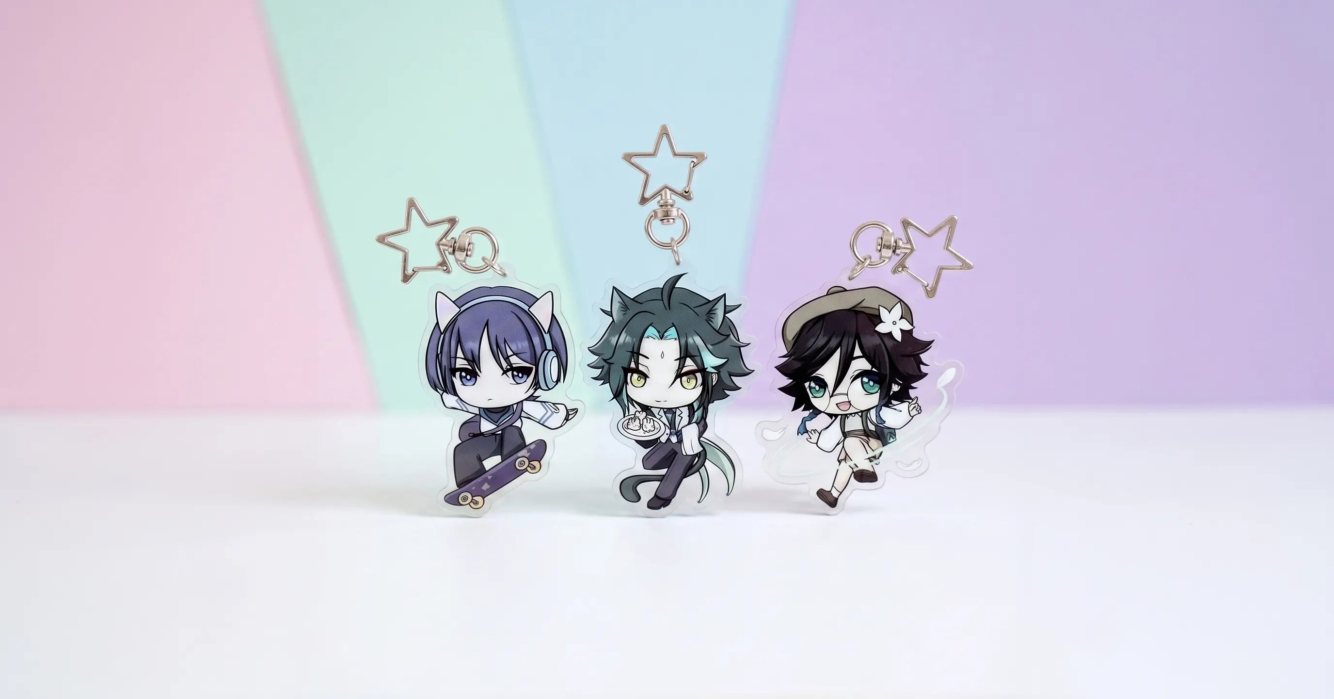 Cohesive collection of Anemo Boys merch including Xiao keychains, Kazuha stickers, and Wanderer collectibles.