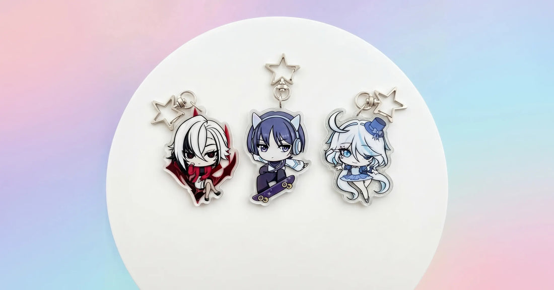Collection of artist-designed Genshin Impact merchandise including stickers and keychains.