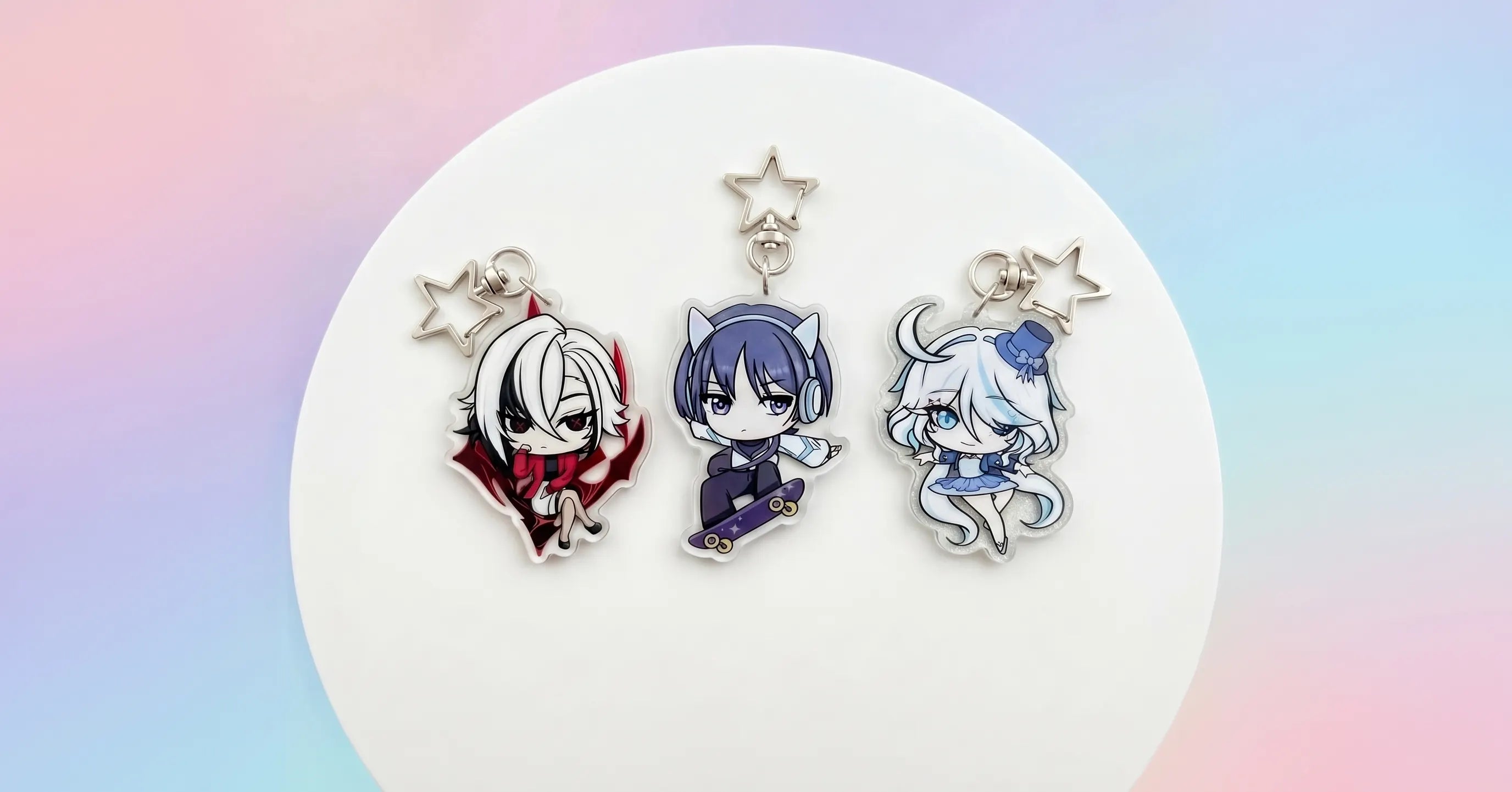 Collection of artist-designed Genshin Impact merchandise including stickers and keychains.