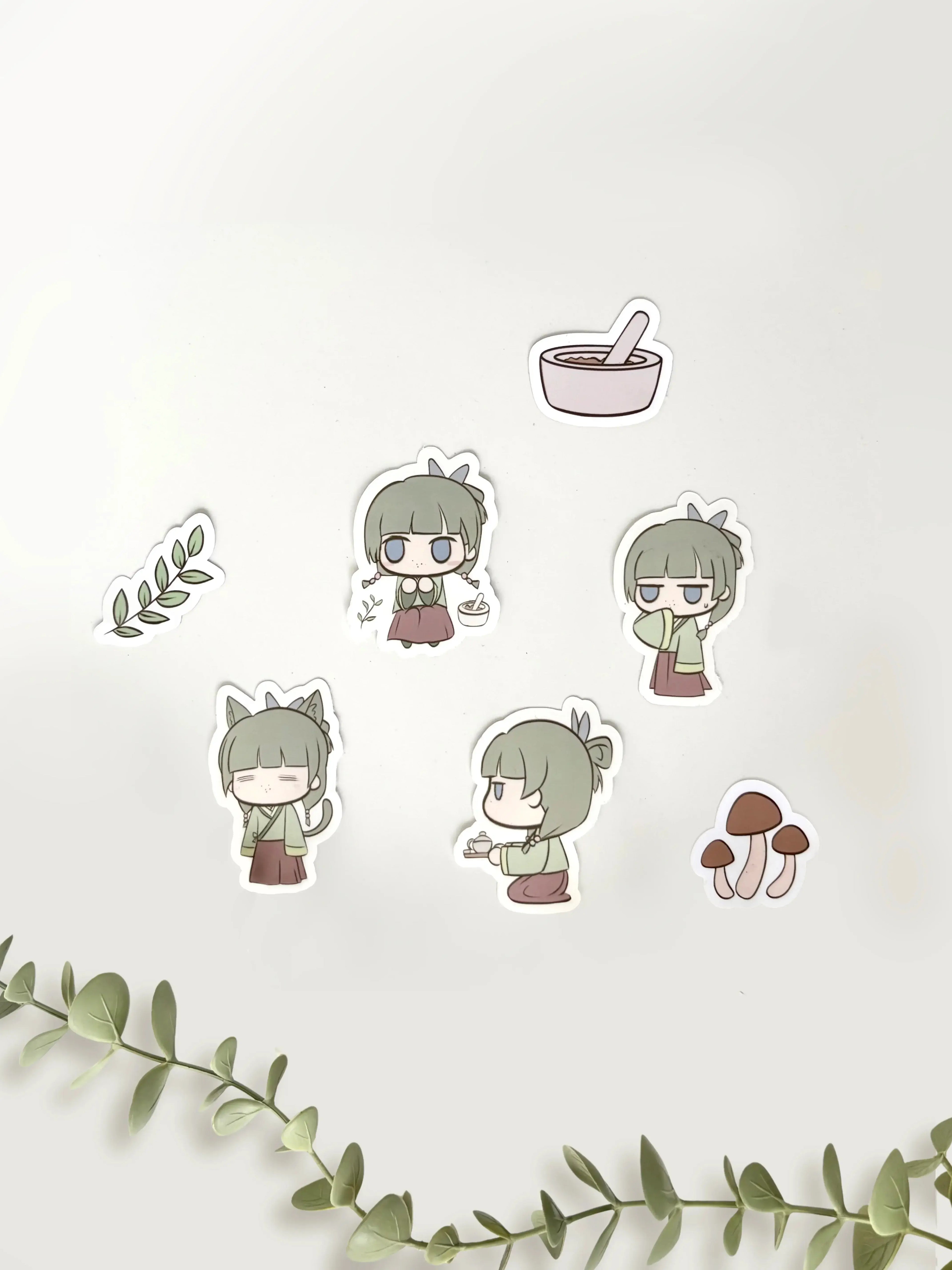 Anime sticker pack featuring mixed sizes, glossy finish, and soft pastel chibi artwork