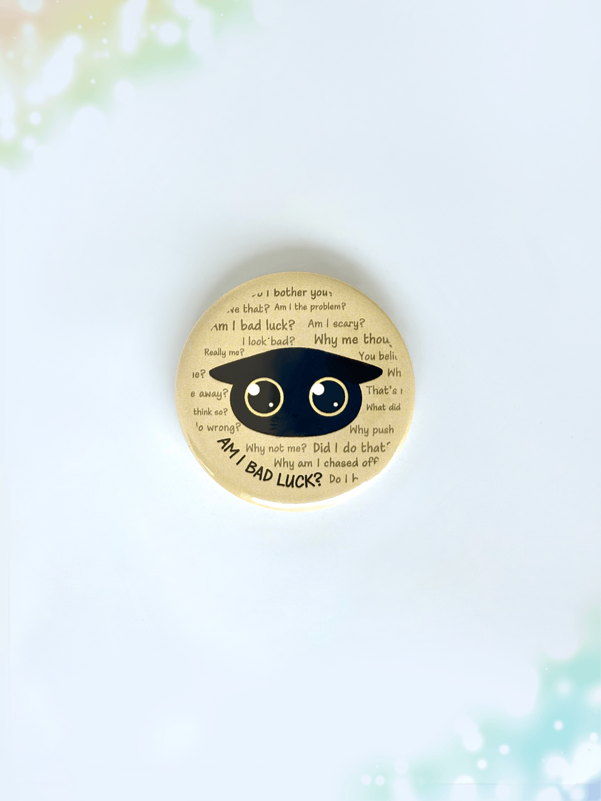 Cute black cat button badge with a spooky aesthetic and the text Am I Bad Luck?
