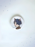 Cute chibi Scaramouche Wanderer button badge from Genshin Impact on a clean background.