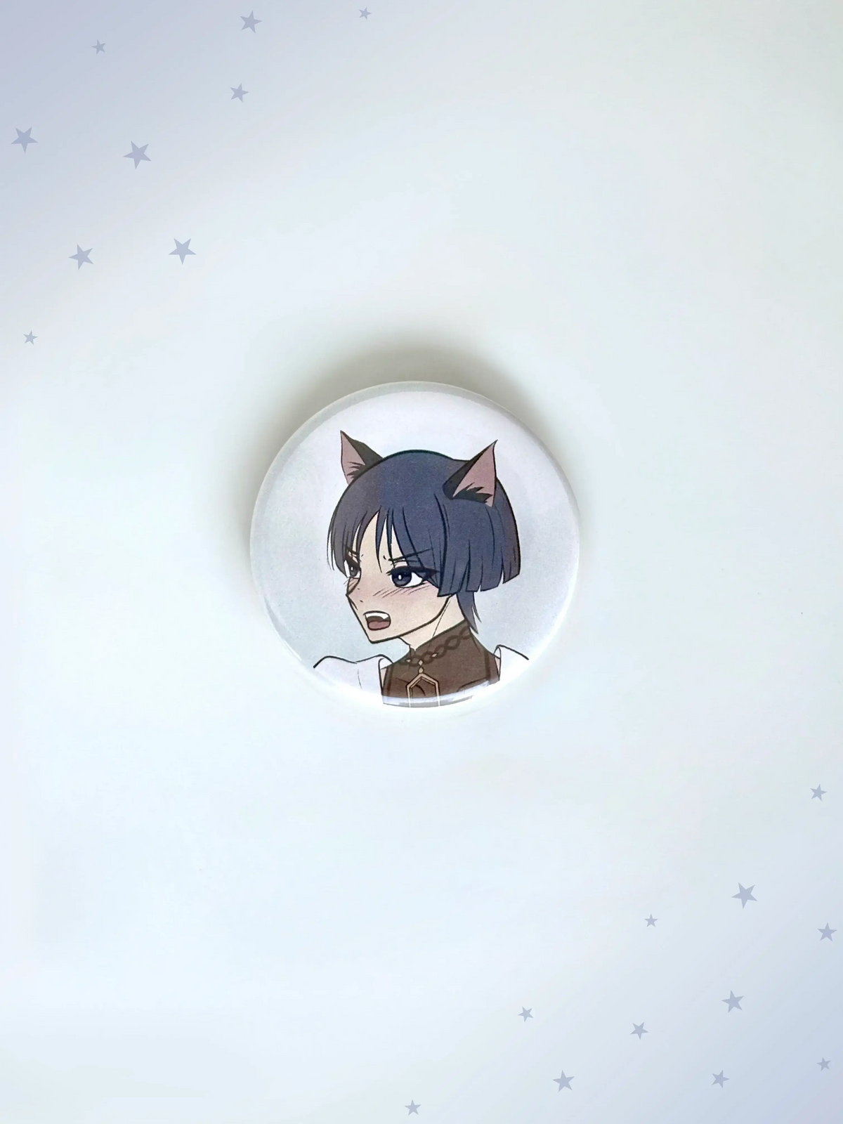 Cute chibi Scaramouche Wanderer button badge from Genshin Impact on a clean background.