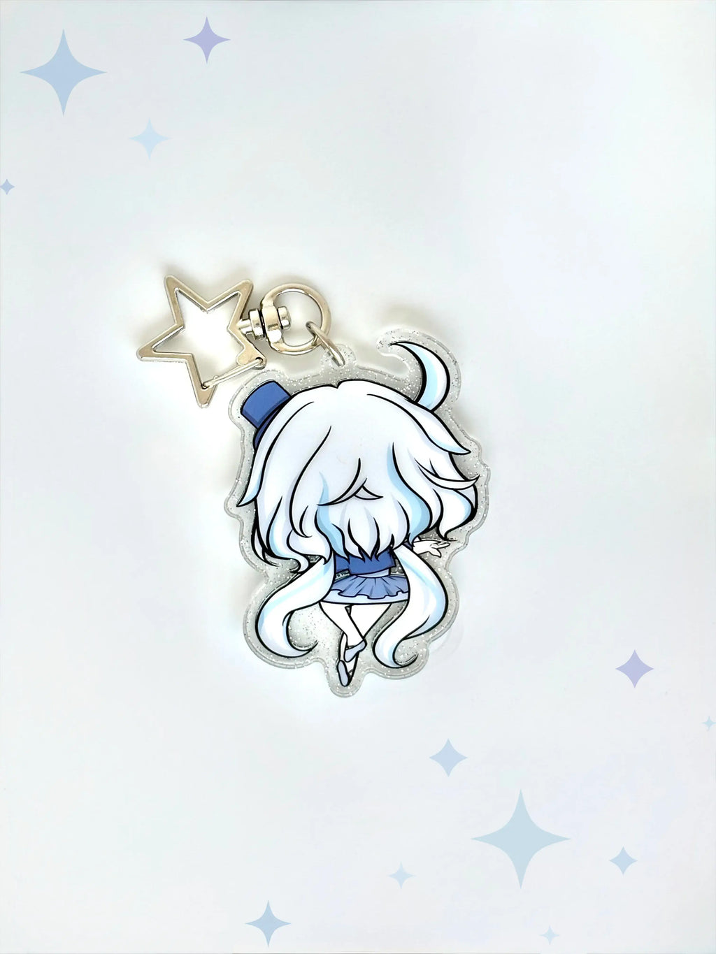 Back view of the Furina anime keychain showcasing a unique alternate art illustration with a sparkling glitter acrylic finish.