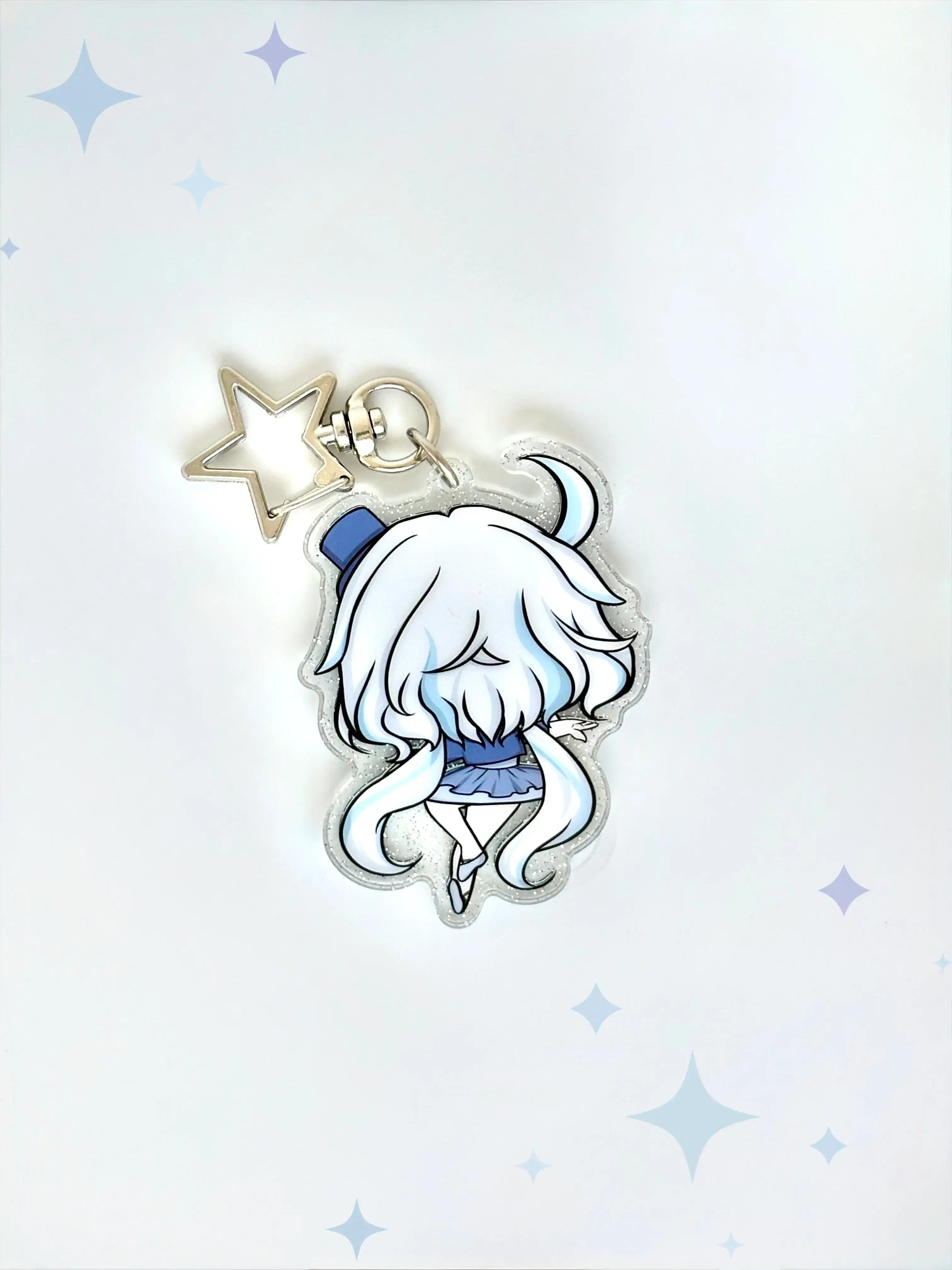 Back view of the Furina anime keychain showcasing a unique alternate art illustration with a sparkling glitter acrylic finish.