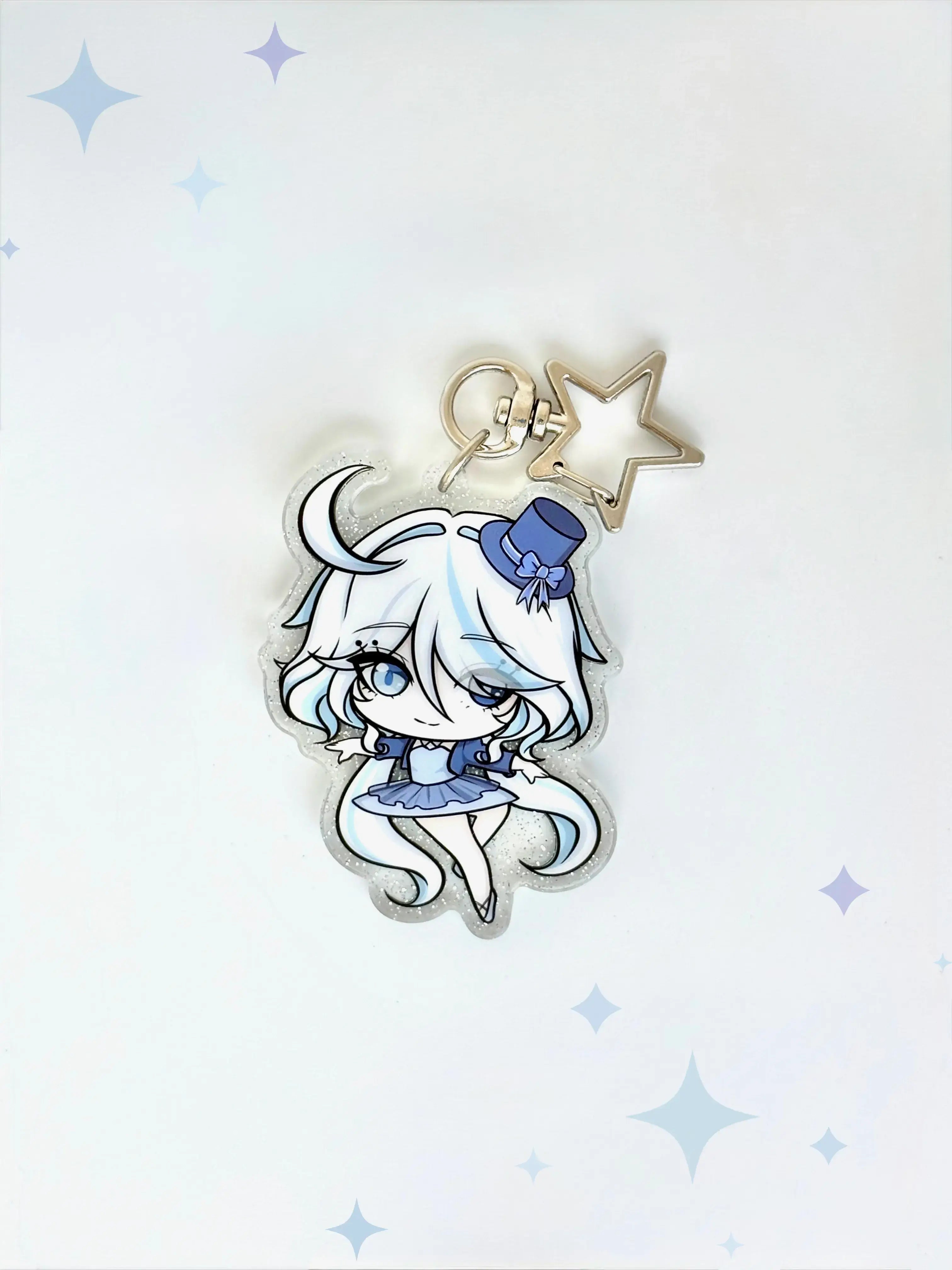 Front view of the Furina double-sided anime keychain featuring vibrant character artwork and a sparkling glitter acrylic finish.