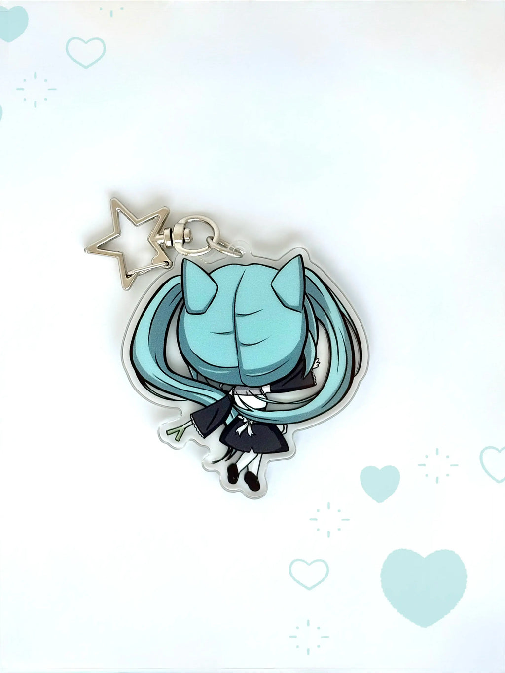 Back view of the Hatsune Miku anime keychain showcasing a unique alternate art illustration.
