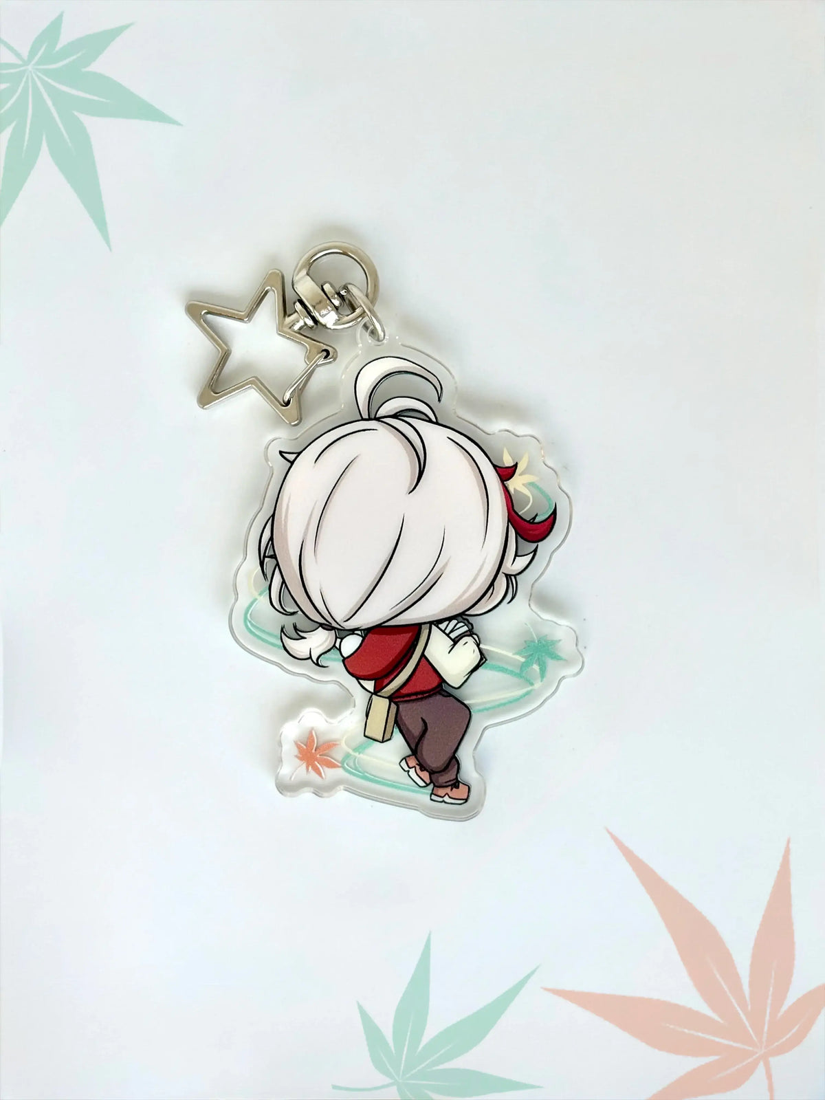 Back view of the Kazuha anime keychain showcasing a unique alternate art illustration.
