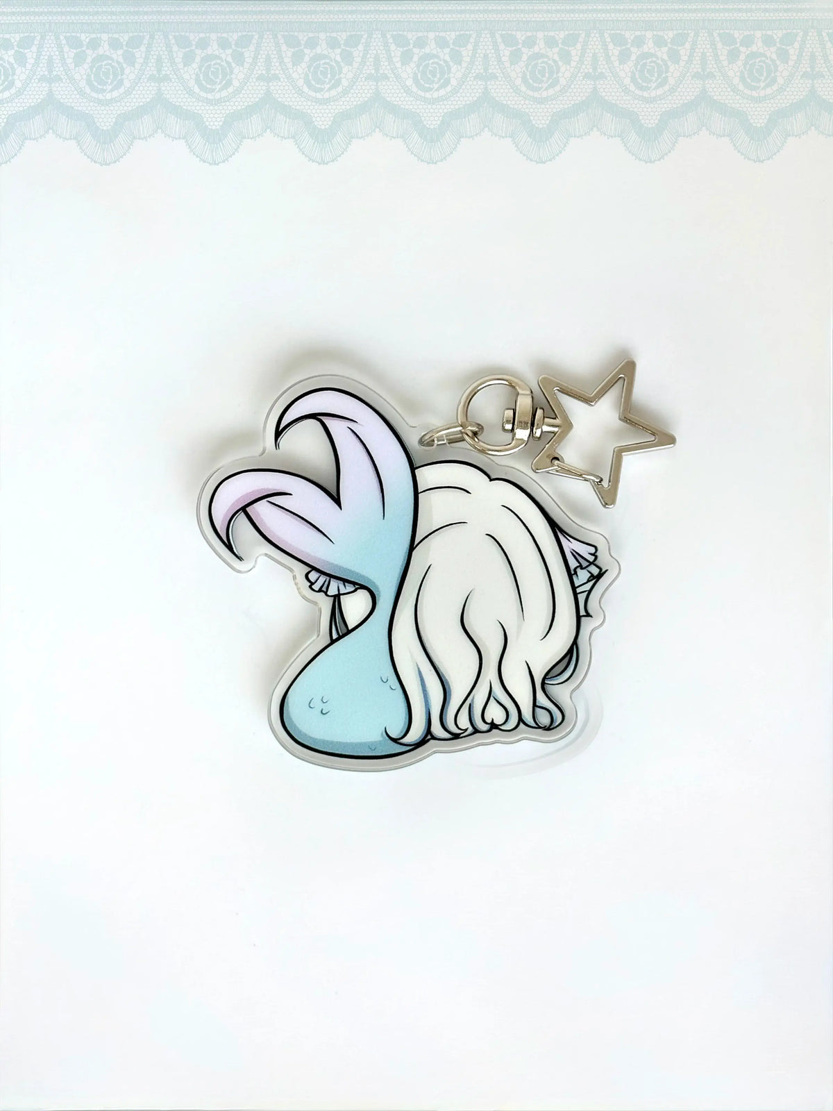 Back view of the Shizue OC anime keychain showcasing a unique alternate art illustration.