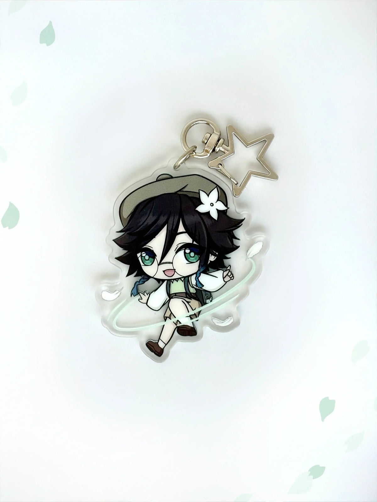 Front view of the Venti double-sided anime keychain featuring vibrant character artwork and a sparkling glitter acrylic finish.